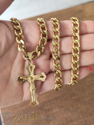 Гравиран стоманен кръст с Исус 4,5 на 2,5 см на класическа верижка заоблени звена, 4 дължини, широка 0,7 см, златно покритие - ML1676